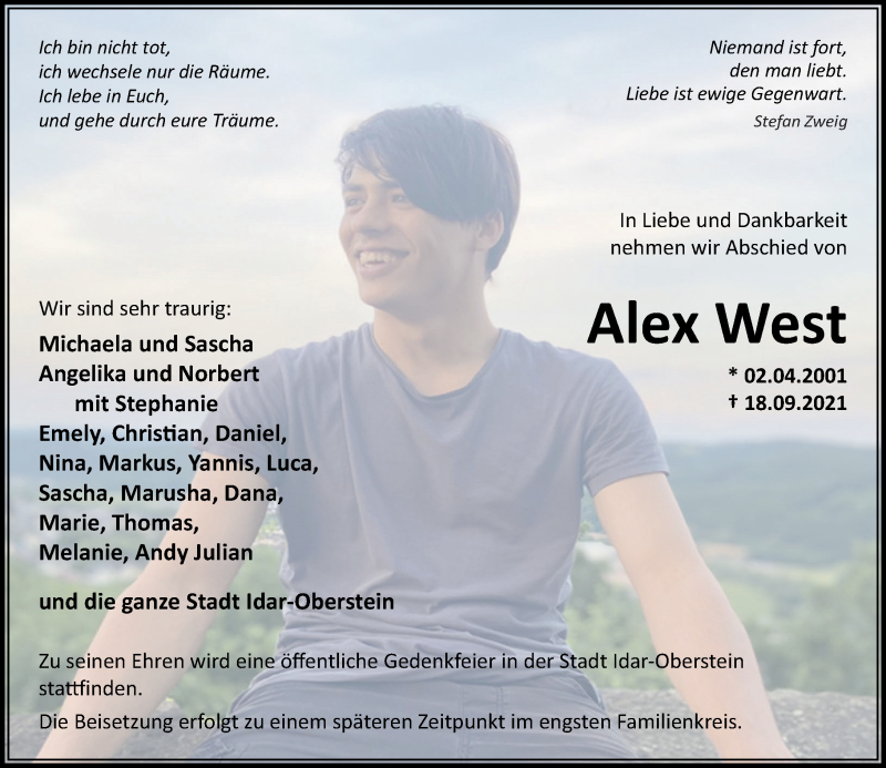  Traueranzeige für Alex West vom 29.09.2021 aus Nahe-Zeitung