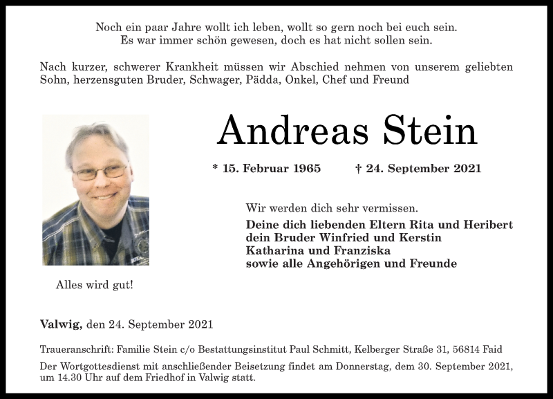 Wann Ist Andreas Steinhöfel Gestorben Traueranzeigen von Andreas Stein | rz-trauer.de