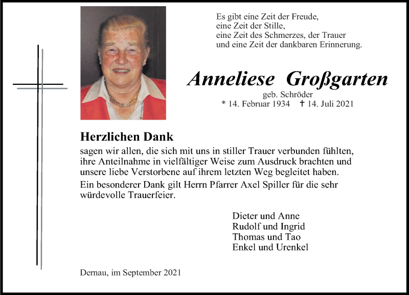 Traueranzeigen von Anneliese Großgarten | rz-trauer.de