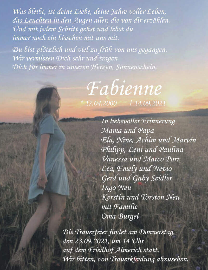  Traueranzeige für Fabienne  vom 18.09.2021 aus Nahe-Zeitung