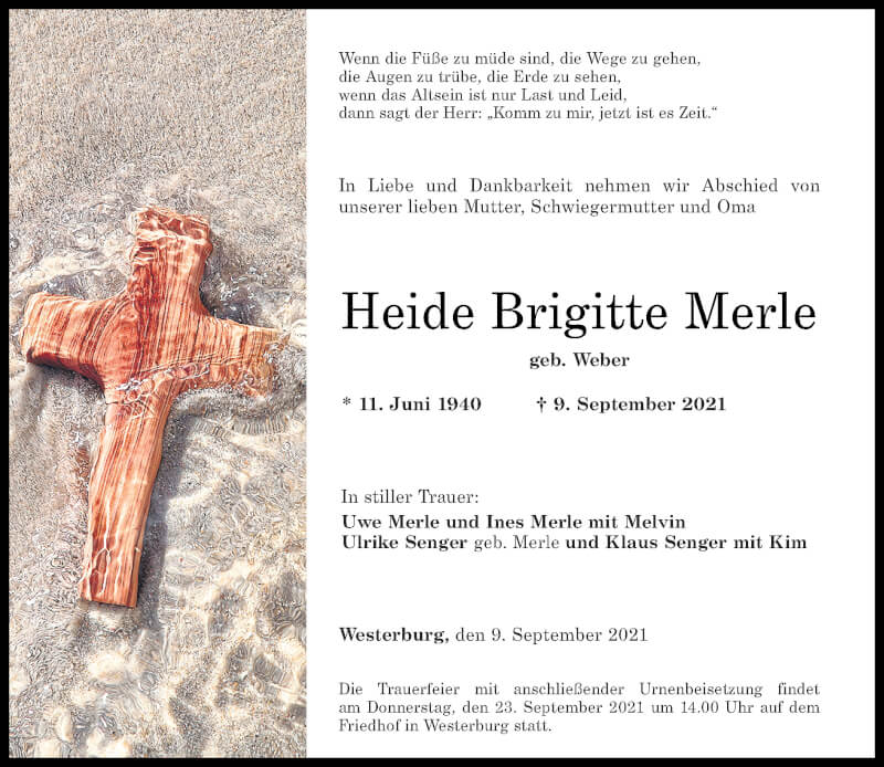 Traueranzeigen Von Heide Brigitte Merle | Rz-trauer.de