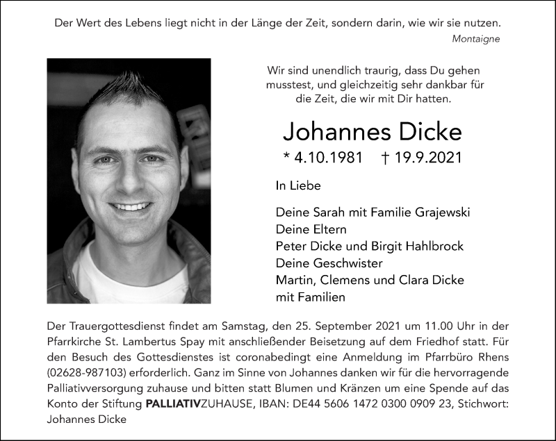  Traueranzeige für Johannes Dicke vom 22.09.2021 aus Rhein-Zeitung