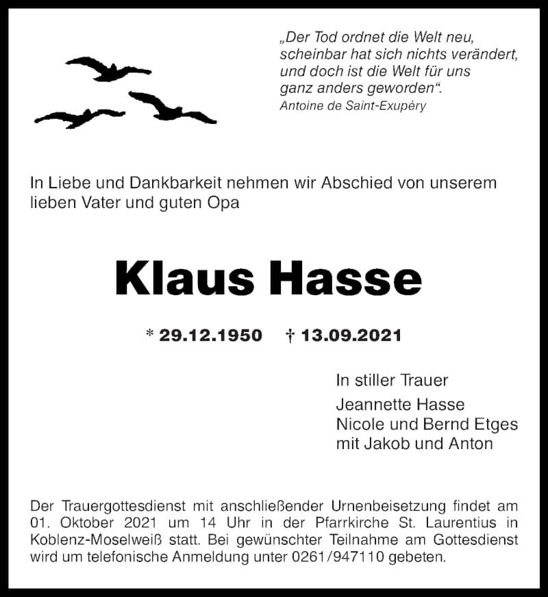  Traueranzeige für Klaus Hasse vom 25.09.2021 aus Rhein-Zeitung