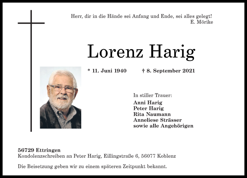  Traueranzeige für Lorenz Harig vom 15.09.2021 aus Rhein-Zeitung