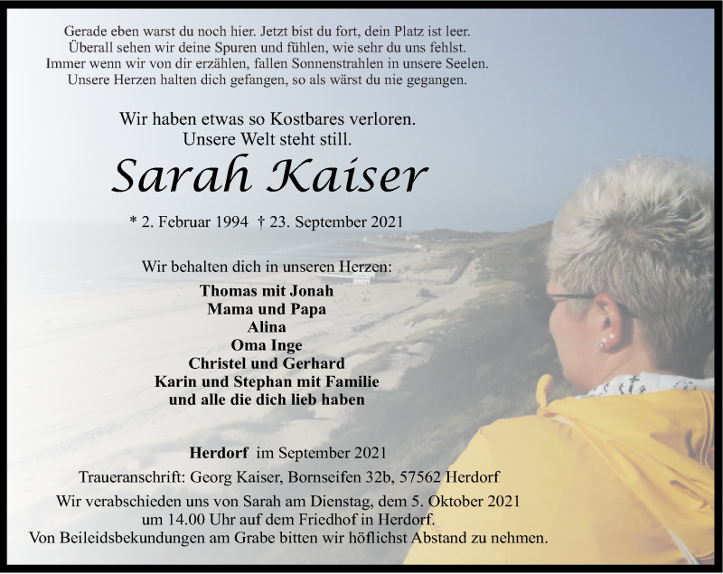  Traueranzeige für Sarah Kaiser vom 29.09.2021 aus Rhein-Zeitung