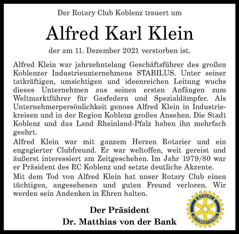  Traueranzeige für Alfred Karl Klein vom 08.01.2022 aus Rhein-Zeitung