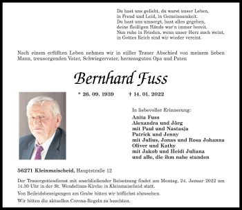Traueranzeige von Bernhard Fuss von Rhein-Zeitung