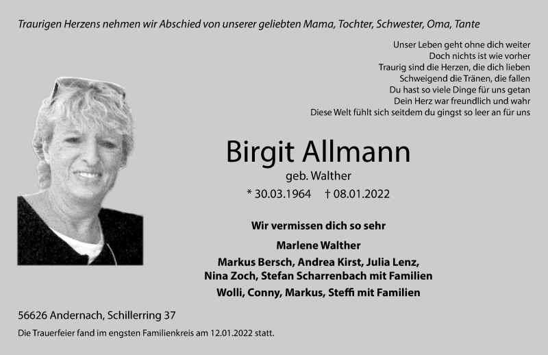 Traueranzeige für Birgit Allmann vom 15.01.2022 aus Rhein-Zeitung