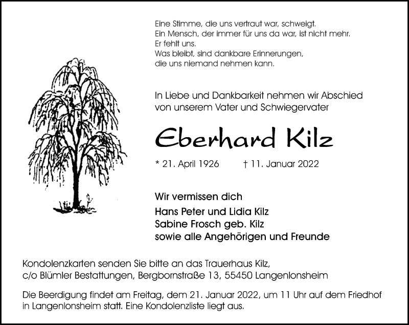  Traueranzeige für Eberhard Kilz vom 15.01.2022 aus Oeffentlicher Anzeiger