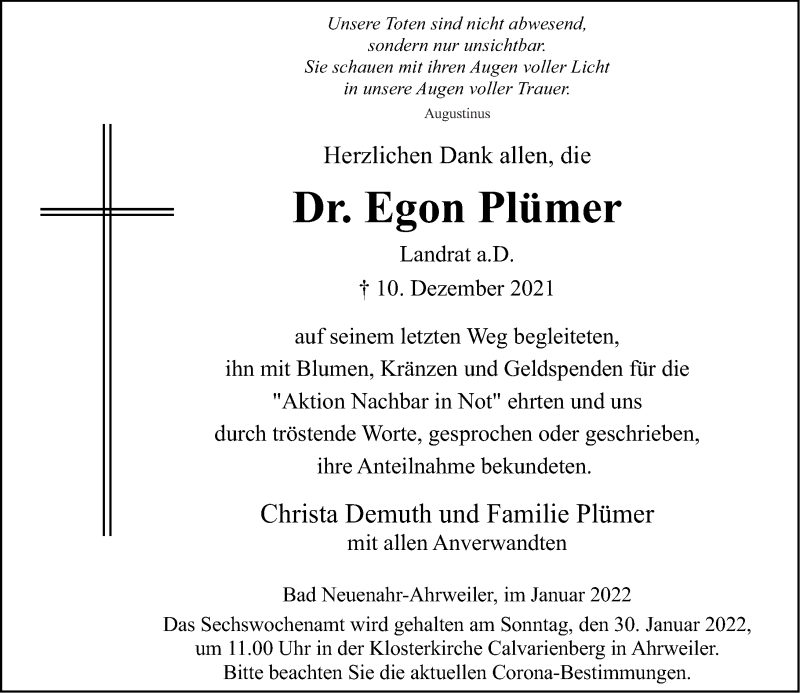  Traueranzeige für Egon Plümer vom 22.01.2022 aus Rhein-Zeitung