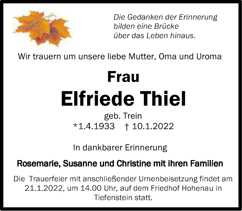  Traueranzeige für Elfriede Thiel vom 15.01.2022 aus Nahe-Zeitung
