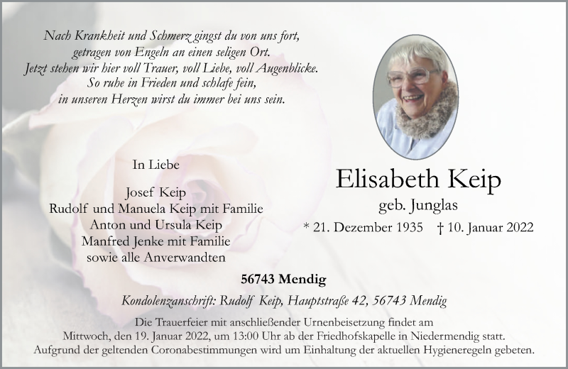  Traueranzeige für Elisabeth Keip vom 15.01.2022 aus Rhein-Zeitung