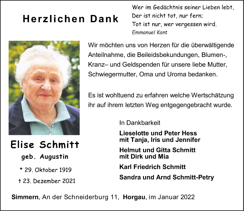 Traueranzeige für Elise Schmitt vom 15.01.2022 aus Rhein-Zeitung