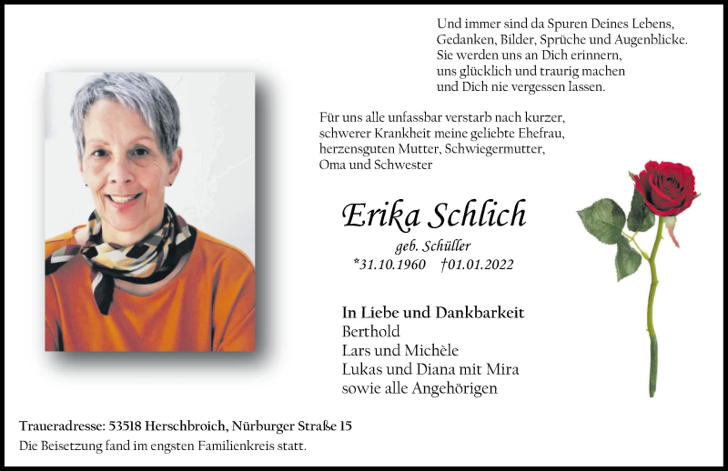  Traueranzeige für Erika Schlich vom 15.01.2022 aus Rhein-Zeitung