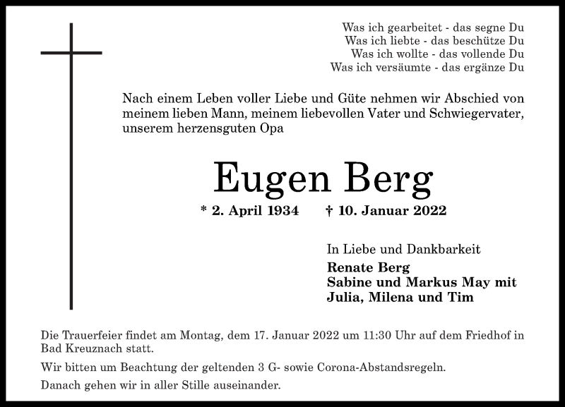 Traueranzeige für Eugen Berg vom 14.01.2022 aus Oeffentlicher Anzeiger