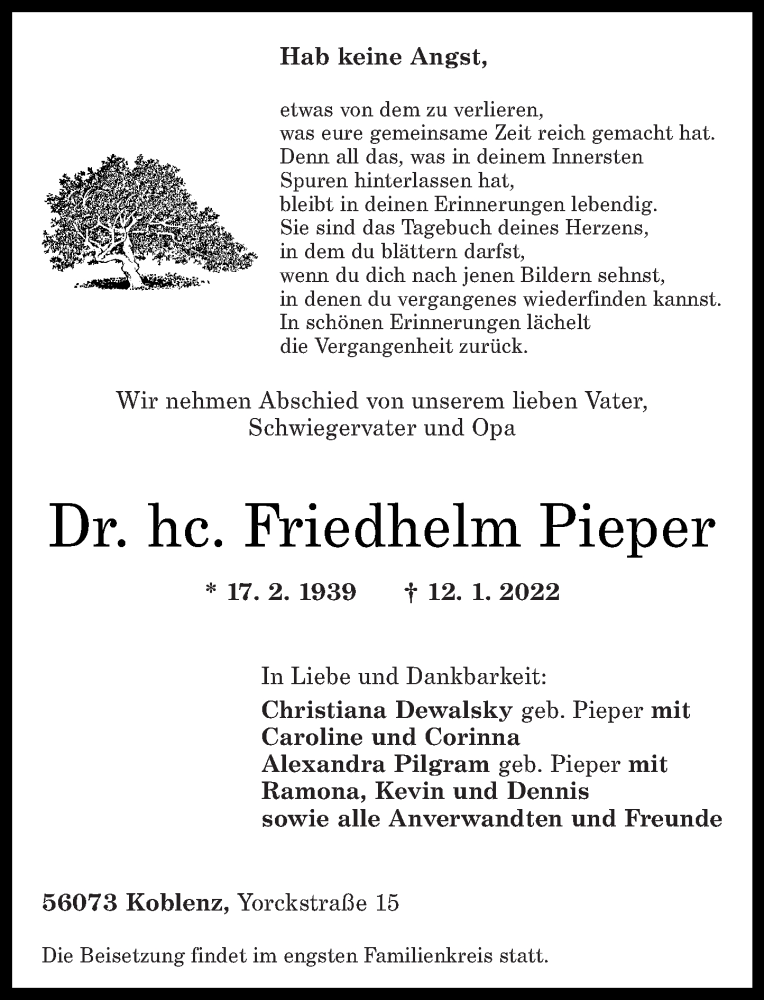  Traueranzeige für Friedhelm Pieper vom 15.01.2022 aus Rhein-Zeitung
