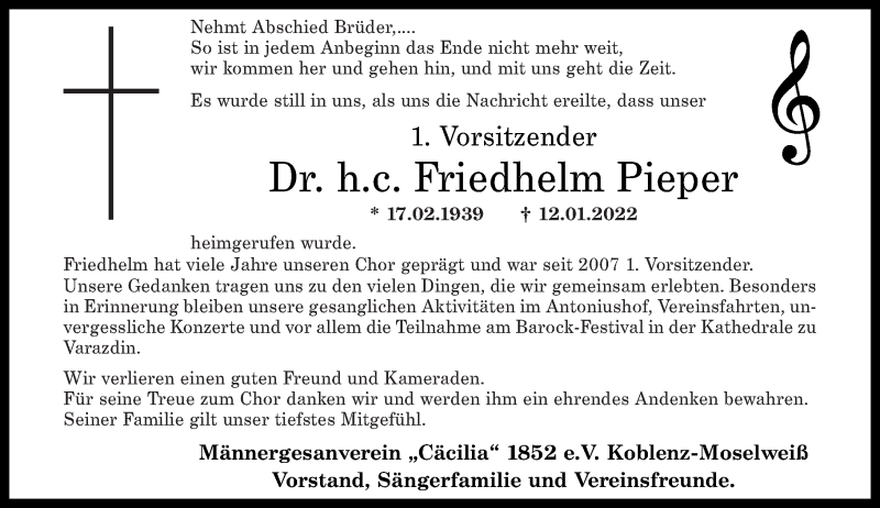  Traueranzeige für Friedhelm Pieper vom 19.01.2022 aus Rhein-Zeitung