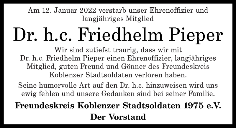  Traueranzeige für Friedhelm Pieper vom 22.01.2022 aus Rhein-Zeitung