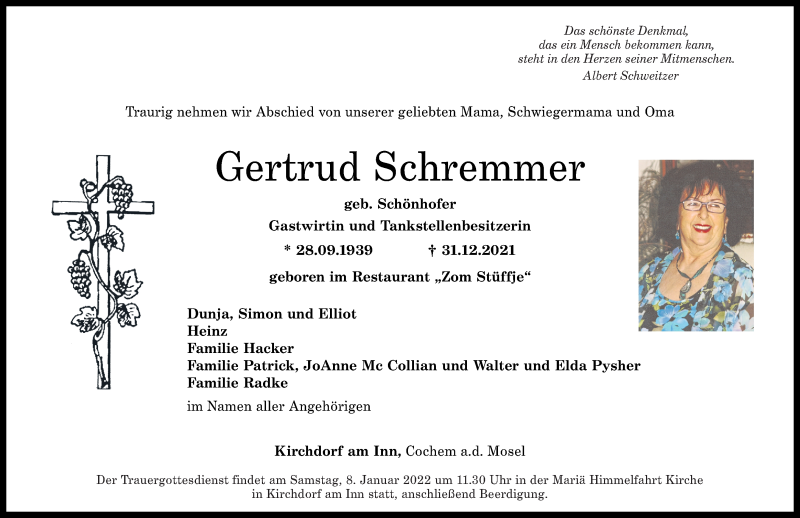  Traueranzeige für Gertrud Schremmer vom 05.01.2022 aus Rhein-Zeitung