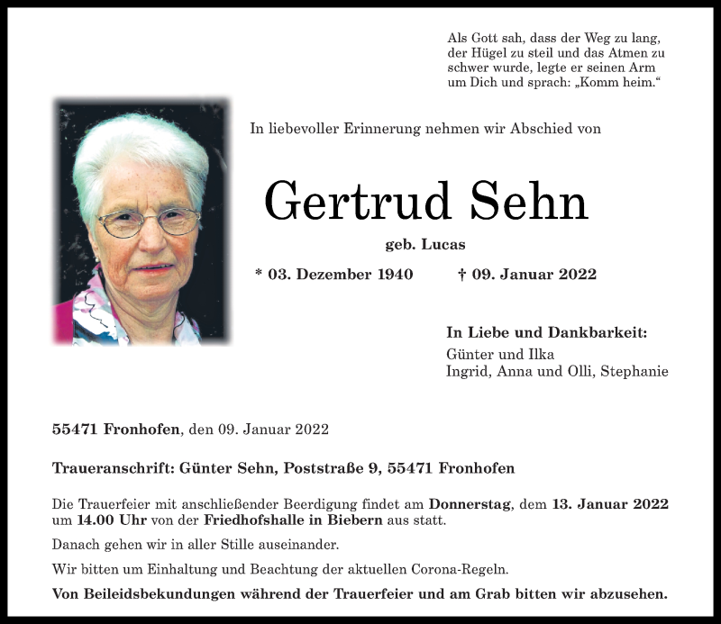  Traueranzeige für Gertrud Sehn vom 12.01.2022 aus Rhein-Hunsrück-Zeitung