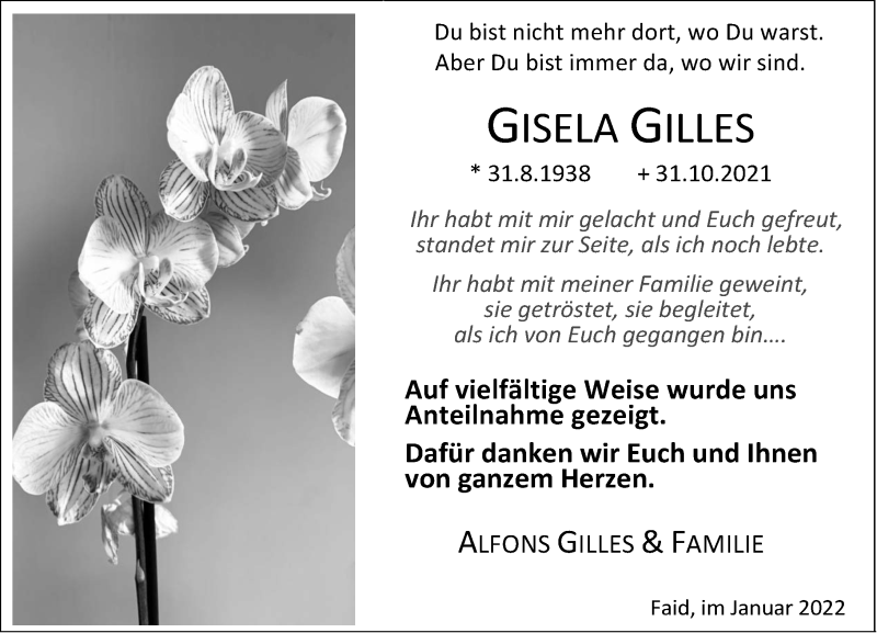  Traueranzeige für Gisela Gilles vom 05.01.2022 aus Rhein-Zeitung