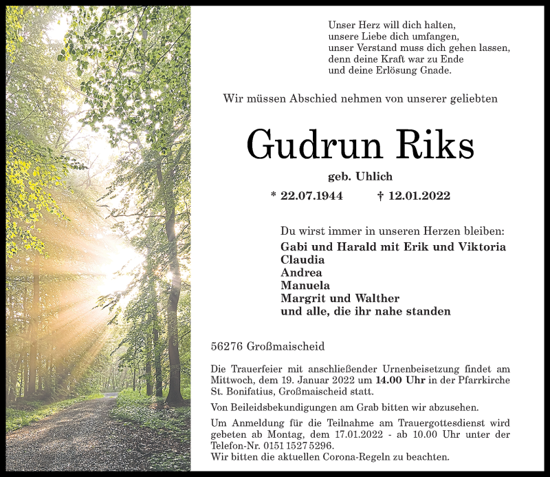 Traueranzeige für Gudrun Riks vom 15.01.2022 aus Rhein-Zeitung