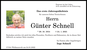 Traueranzeige von Günter Schnell von Rhein-Zeitung