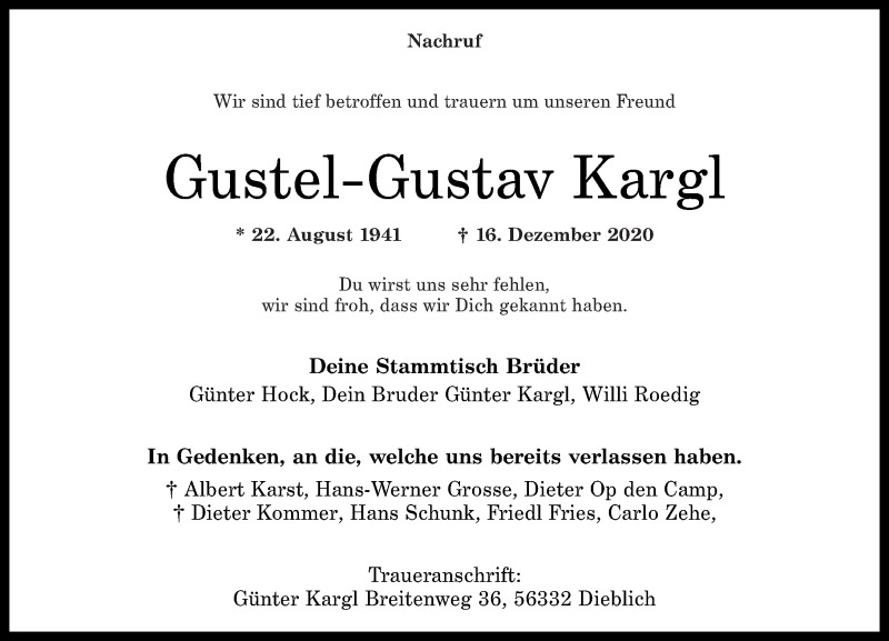  Traueranzeige für Gustel-Gustav Kargl vom 15.01.2022 aus Rhein-Zeitung