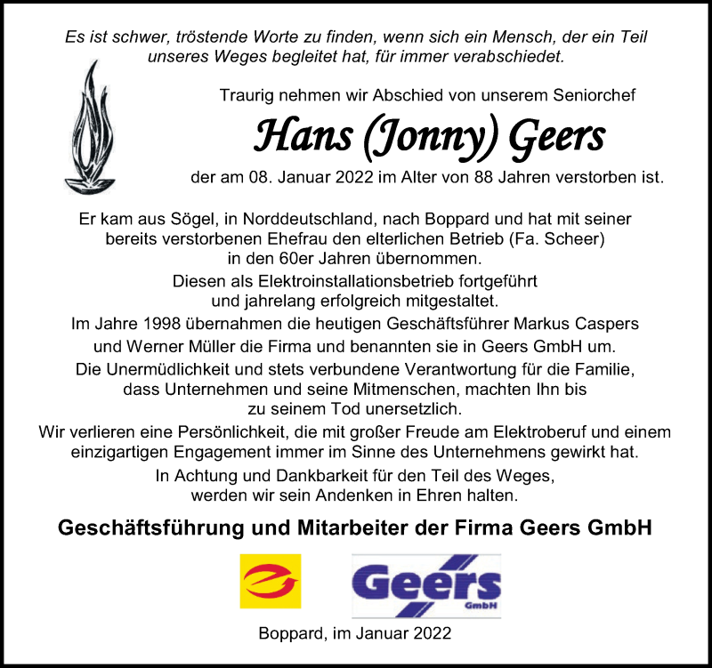  Traueranzeige für Hans Geers vom 15.01.2022 aus Rhein-Hunsrück-Zeitung