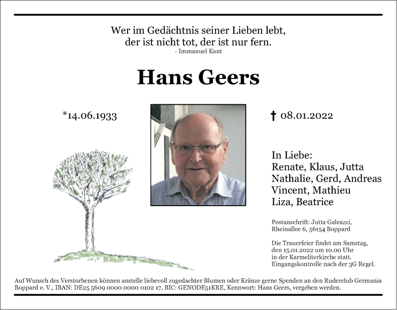  Traueranzeige für Hans Geers vom 12.01.2022 aus Rhein-Hunsrück-Zeitung