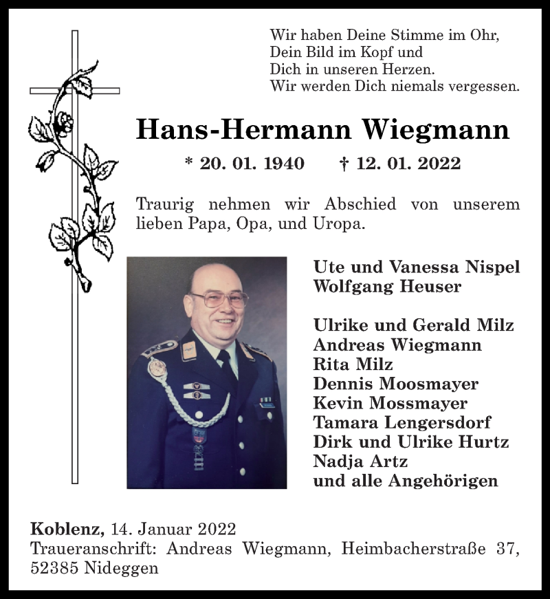  Traueranzeige für Hans-Hermann Wiegmann vom 15.01.2022 aus Rhein-Zeitung