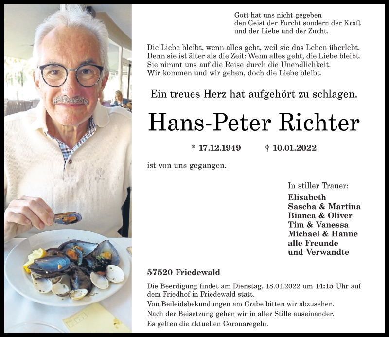  Traueranzeige für Hans-Peter Richter vom 14.01.2022 aus Rhein-Zeitung