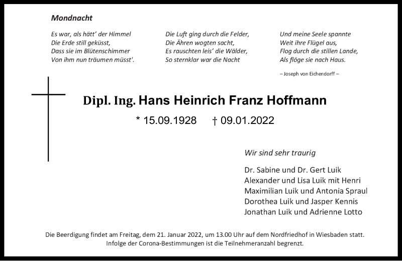  Traueranzeige für Hans Heinrich Franz Hoffmann vom 15.01.2022 aus Oeffentlicher Anzeiger