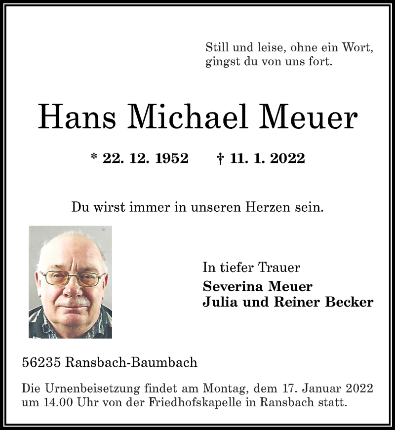  Traueranzeige für Hans Michael Meuer vom 15.01.2022 aus Westerwälder Zeitung