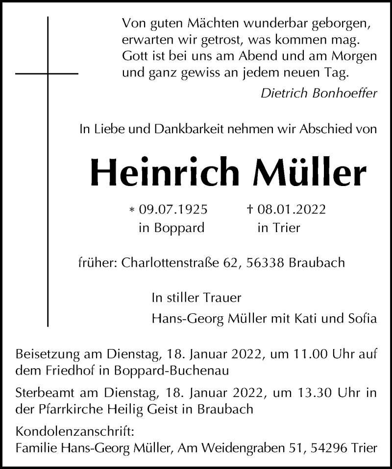  Traueranzeige für Heinrich Müller vom 15.01.2022 aus Rhein-Lahn-Zeitung