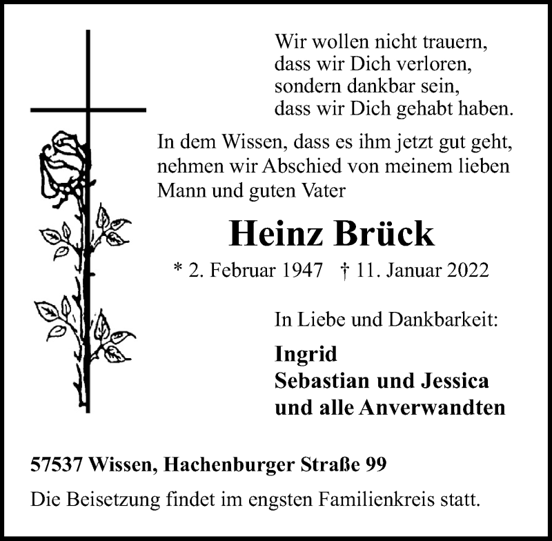  Traueranzeige für Heinz Brück vom 15.01.2022 aus Rhein-Zeitung
