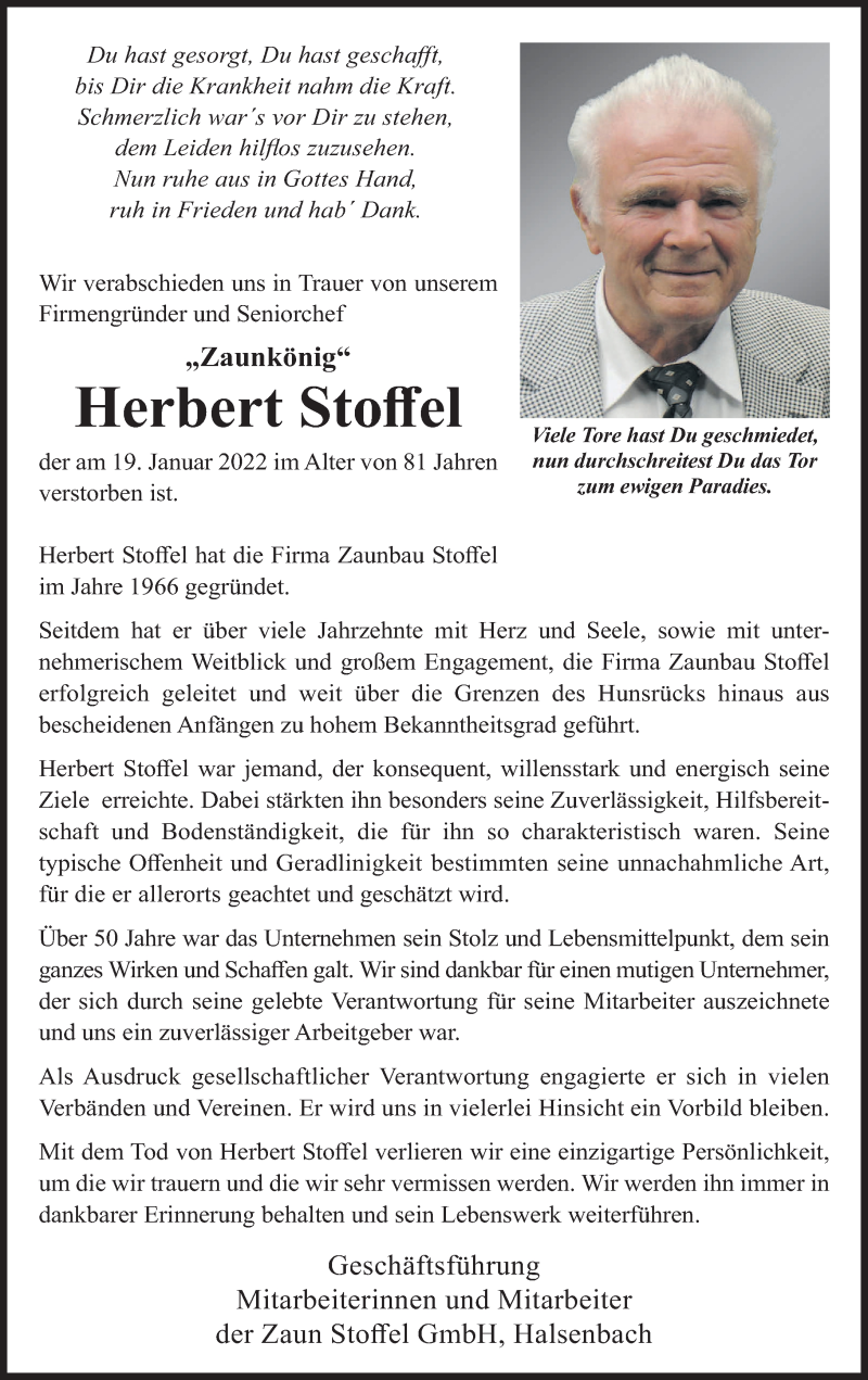  Traueranzeige für Herbert Stoffel vom 29.01.2022 aus Rhein-Zeitung