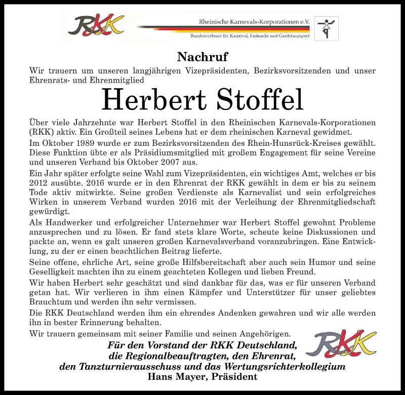  Traueranzeige für Herbert Stoffel vom 29.01.2022 aus Rhein-Zeitung