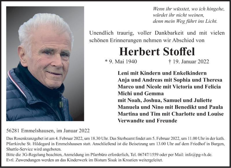  Traueranzeige für Herbert Stoffel vom 29.01.2022 aus Rhein-Zeitung