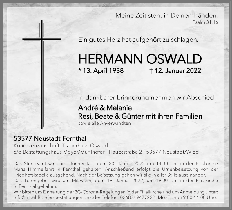  Traueranzeige für Hermann Oswald vom 15.01.2022 aus Rhein-Zeitung