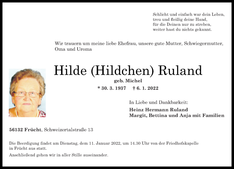  Traueranzeige für Hilde  Ruland vom 10.01.2022 aus Rhein-Lahn-Zeitung