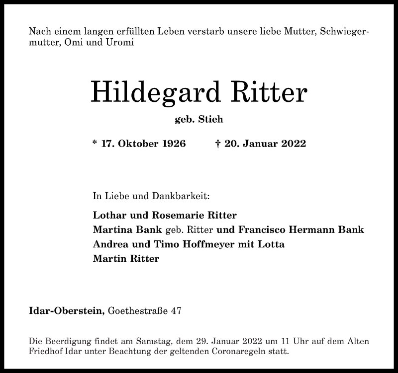  Traueranzeige für Hildegard Ritter vom 27.01.2022 aus Nahe-Zeitung