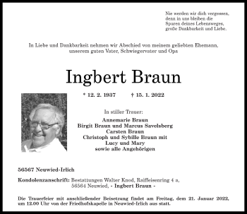 Traueranzeige von Ingbert Braun von Rhein-Zeitung