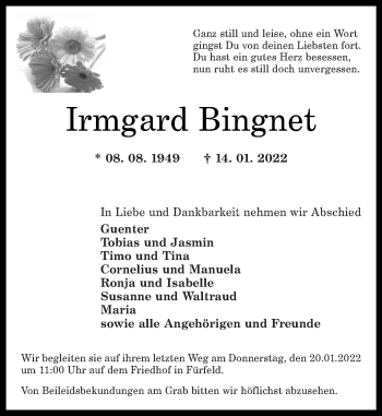 Traueranzeige von Irmgard Bingnet von Oeffentlicher Anzeiger