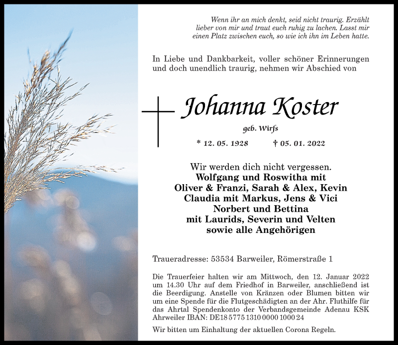  Traueranzeige für Johanna Koster vom 08.01.2022 aus Rhein-Zeitung