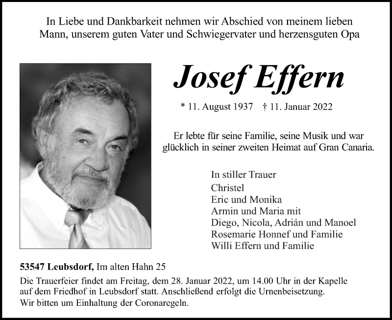  Traueranzeige für Josef Effern vom 15.01.2022 aus Rhein-Zeitung