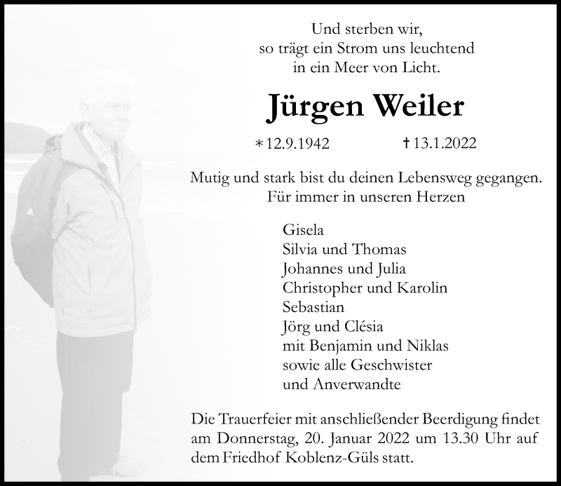  Traueranzeige für Jürgen Weiler vom 15.01.2022 aus Rhein-Zeitung