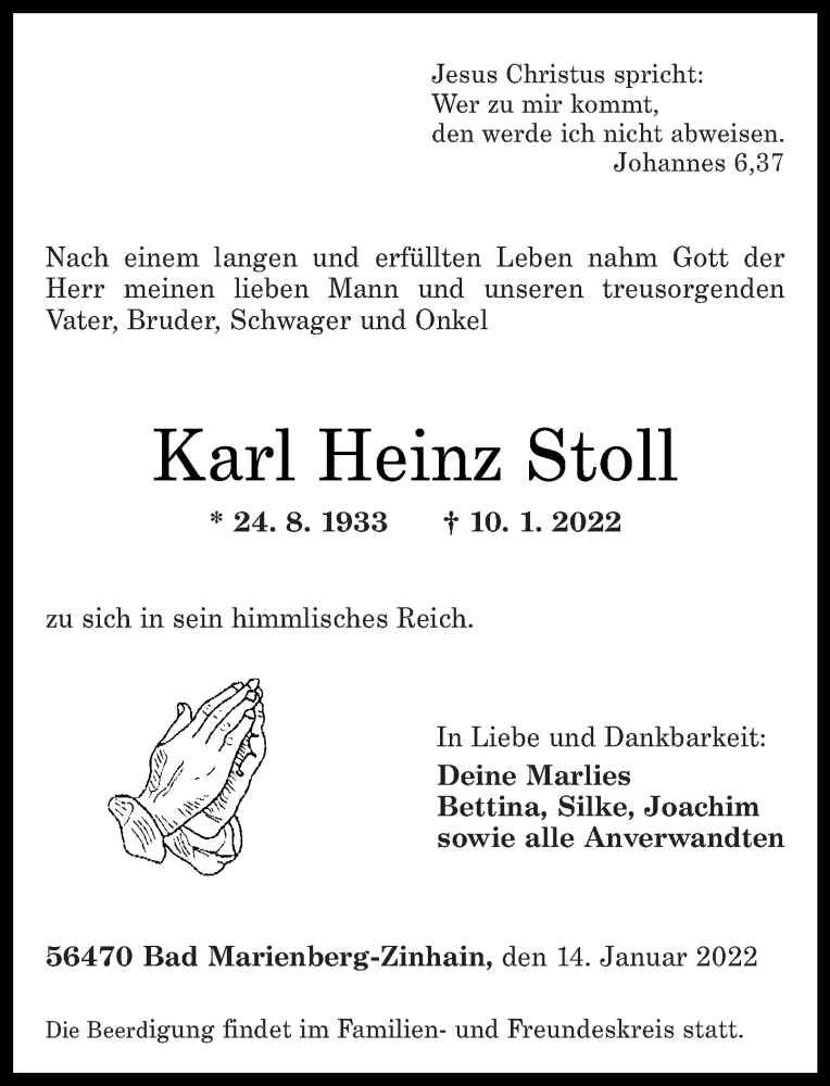  Traueranzeige für Karl Heinz Stoll vom 14.01.2022 aus Westerwälder Zeitung