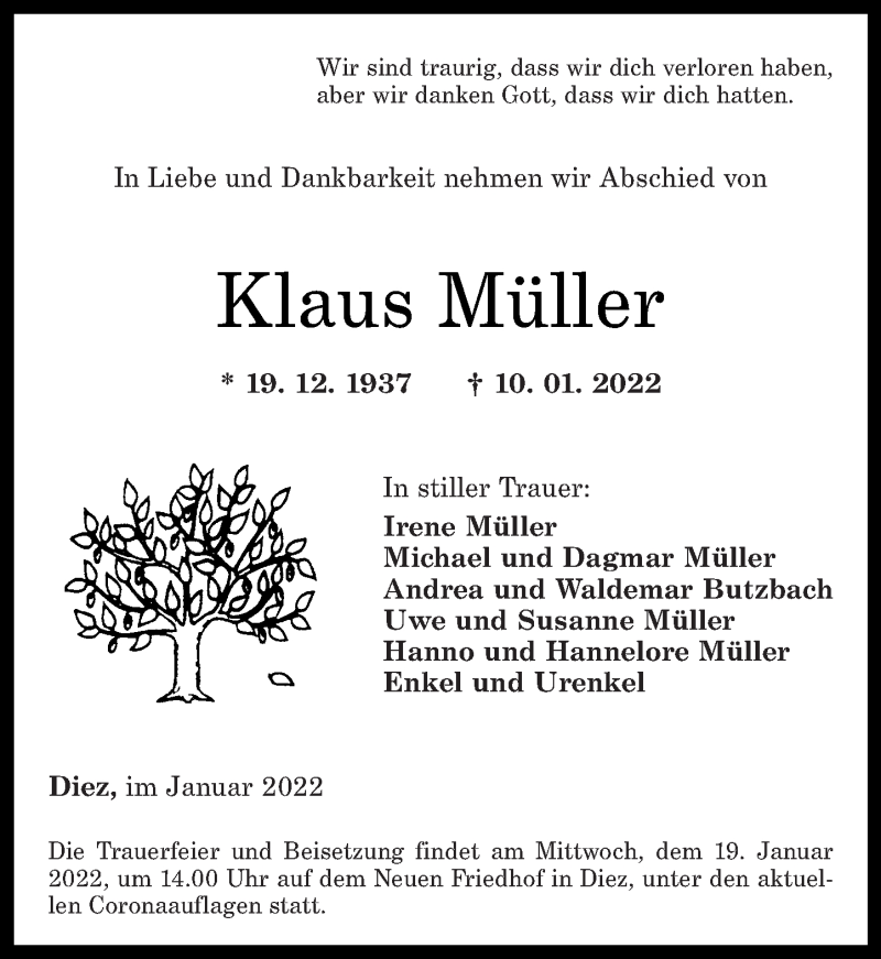  Traueranzeige für Klaus Müller vom 15.01.2022 aus Rhein-Lahn-Zeitung