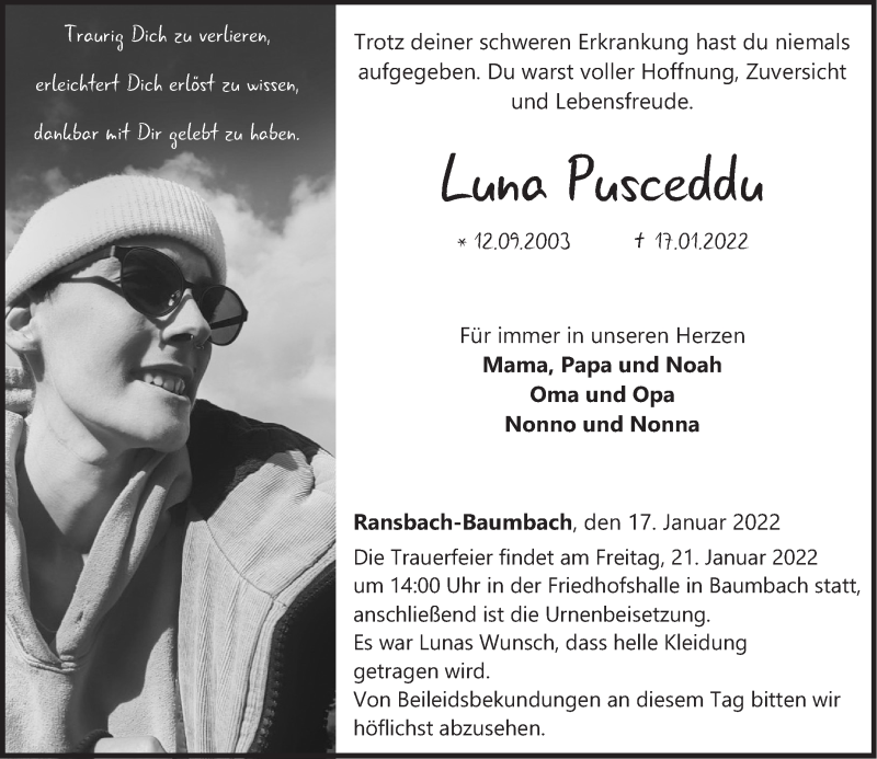  Traueranzeige für Luna Pusceddu vom 19.01.2022 aus Westerwälder Zeitung
